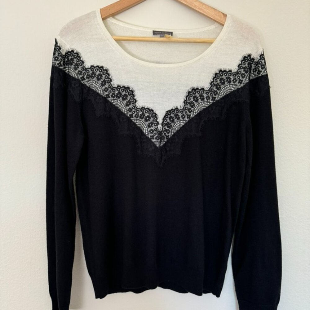 Vince Camuto Black and white long sleeve Sweater with Lace Accent, Size L